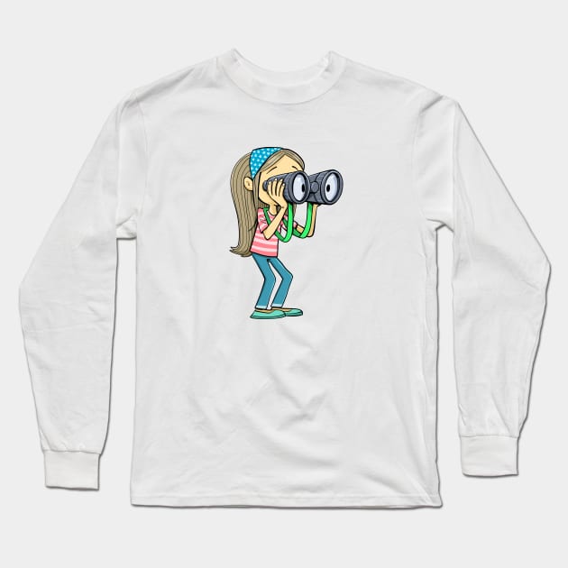 girl with a scarf in her hair looks carefully into the distance with binoculars Long Sleeve T-Shirt by duxpavlic